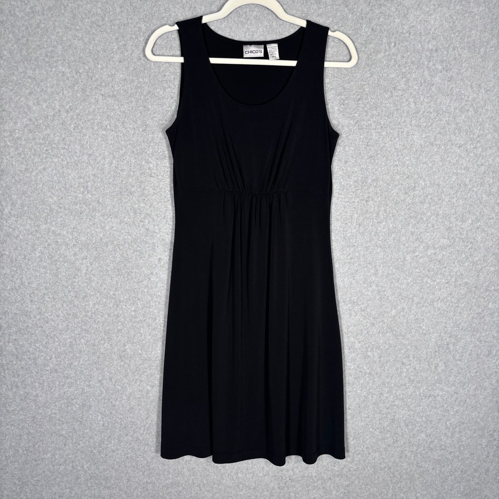 Vintage Chicos Slinky Knit Mini Dress Small Black Waist Ruched LBD Liquid USA